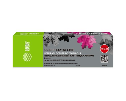 [расходные материалы] Картридж перезаправляемый струйный Cactus CS-R-PFI321M-CHIP PFI-321 пурпурный (260мл) для Canon imagePROGRAF TM-250/TM-255/TM-350/TM-355 с чипом