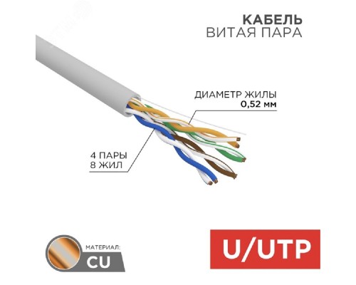 [Экранированная витая пара FTP (бухты)] Rexant (02-0005-R) Кабель витая пара U/UTP, CAT 5е, PVC, 4x2x0,52 мм, 24AWG, INDOOR, SOLID, серый, 305м, РФ