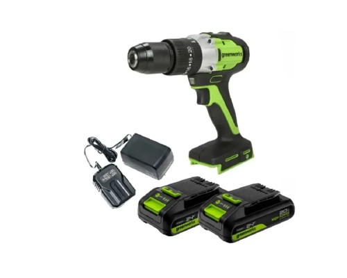 [Дрели, Шуруповерты, Гайковерты] Greenworks GD24DD60 Дрель-шуруповерт ударная аккумуляторная, 24V, бесщеточная, 30/60Нм,2х2Ач,ЗУ,кор [3704107CUC]