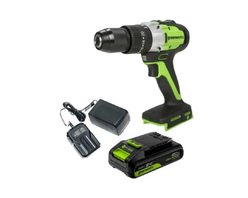 [Дрели, Шуруповерты, Гайковерты] Greenworks GD24DD60 Дрель-шуруповерт ударная аккумуляторная, 24V, бесщеточная, 30/60Нм,1х2Ач,ЗУ,кор [3704107CUA]