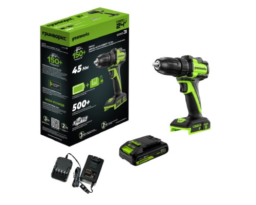 [Дрели, Шуруповерты, Гайковерты] Greenworks DD345, 24V, Дрель-шуруповерт аккумуляторная, бесщеточная, 27/45 Нм,13мм,1х2Ач,ЗУ,кор  [3708307CUA]