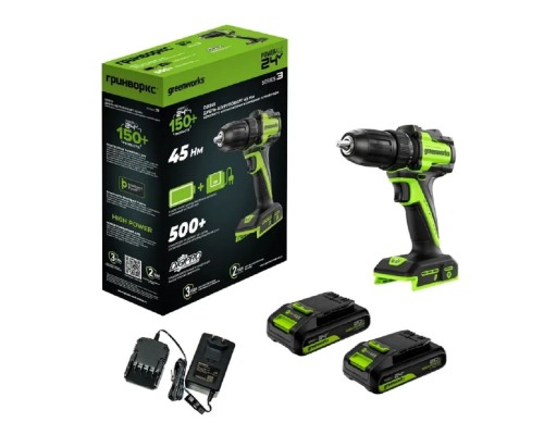 [Дрели, Шуруповерты, Гайковерты] Greenworks DD345, 24V, Дрель-шуруповерт аккумуляторная, бесщеточная, 27/45 Нм,13мм,2х2Ач,ЗУ,кор  [3708307CUC]