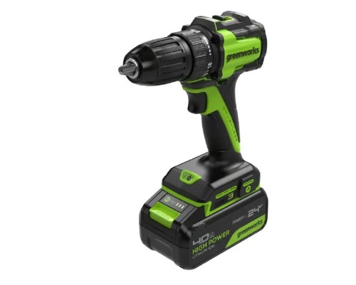 [Дрели, Шуруповерты, Гайковерты] Greenworks DD345, 24V, Дрель-шуруповерт аккумуляторная, бесщеточная, 27/45 Нм,13мм,1х4Ач,ЗУ,кор  [3708307CUB]
