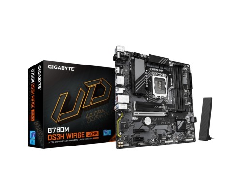 [Материнская плата] Материнская плата Gigabyte B760M DS3H WIFI6E GEN5 B760 Socket-1700 4xDDR5, 4xSATA3, RAID, 2xM.2, 1xPCI-E16x, 3xUSB3.2, 1xUSB3.2 Type C, D-Sub, 2xDP, HDMI, 2.5Glan, mATX