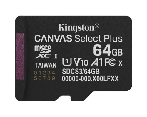 [Карта памяти ] Micro SecureDigital 64GB Kingston Canvas Select Plus Gen3 100MB/s A1, без адаптера