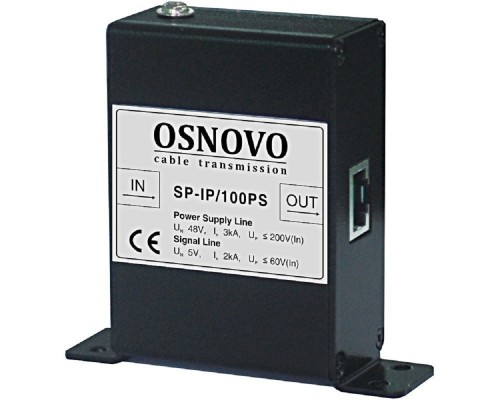 [Коммутаторы, модули, беспроводное оборудование] SP-IP/100PS Устройство грозозащиты для локальной вычислительной сети (скорость до 100Мбит/с) с защитой линий PoE (af/at, метод B, контакты 4/5, 7/8), двухступенчатая защита.