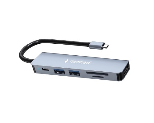 [Контроллер] Gembird Док-станция Type-C 6в1: USB3.1, PD100W, SD/TF, USB2.0, HDMI, кабель 16см, алюминий (UHB-D9)