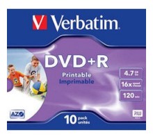 43508 Диски DVD+R Verbatim 16-x, 4.7 Gb, Printable (Jewel Case, 10шт.) 