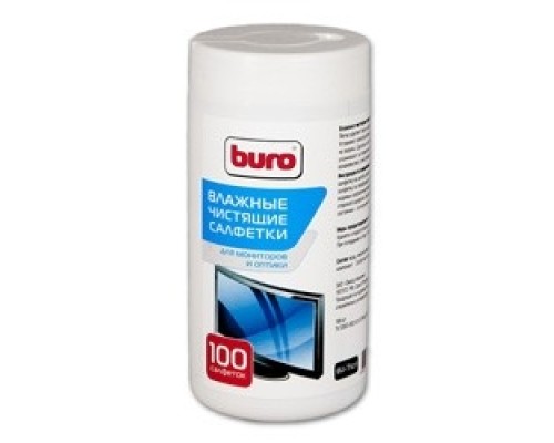 [Чистящие средства] Салфетки BURO BU-Tscrl для экранов ЭЛТ мониторов/плазменных/ЖК телевизоров/мониторов с покрытием из стекла туба 100шт влажных [817440]