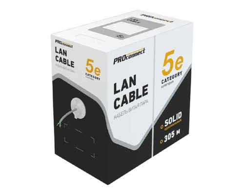 [Неэкранированная витая пара (бухты)] PROconnect (01-0052) Кабель витая пара U/UTP, CAT 5e, PVC, 4PR, 24AWG, INDOOR, SOLID, серый, 305м