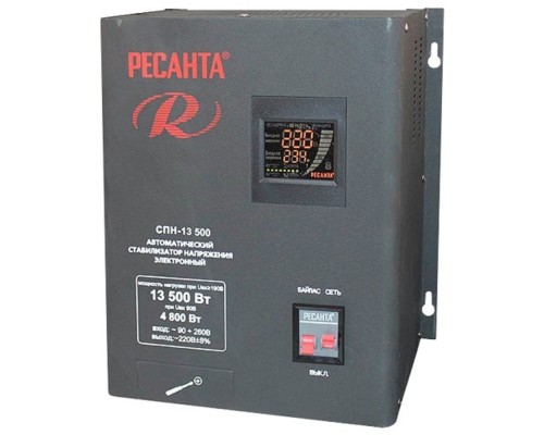 [Ресанта Стабилизаторы напряжения] Ресанта СПН-13500 63/6/28 Стабилизатор {Настенный , 220В±8%, Габариты 305х190х360, Вес 18 кг}