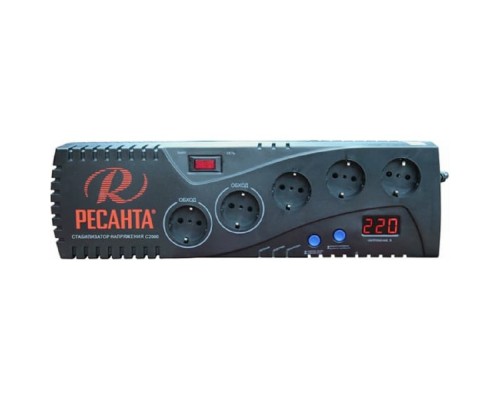 [Ресанта Стабилизаторы напряжения] Ресанта С-2000 63/6/34 (16694) Стабилизатор {5 розеток -(3/2), 2000 Вт, 220В±8% + защита RJ11, Вес 4,2 кг}