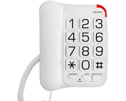 [Телефон] TEXET TX-201 белый { проводной, повторный набор номера, кнопка выключения микрофона, регулятор громкости звонка, белый}
