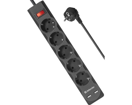 [Сетевые фильтры] Defender Фильтр DFS 753 3.0 м, 5 розеток, 2xUSB, 2.1A (99753)