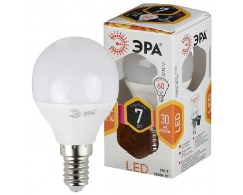 [ЭРА Светодиодные лампы] ЭРА Б0020548 Лампочка светодиодная STD LED P45-7W-827-E14 E14 / Е14 7Вт шар теплый белый свет  	