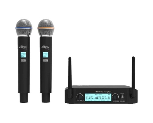 [Наушники, микрофоны RITMIX] RITMIX RWM-222 Black {2 микрофона: 66 МГц - 74 Мгц, 87.5 МГц - 92 МГц; раб. част.: 40 Гц - 18 000 Гц;чувств.: -105 дБ +/-3 дБ}