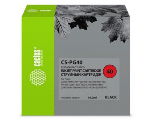 [расходные материалы] Cactus PG-40 Картридж для Canon Pixma iP1200/1800/1900/2200/2500/2600/MP140/210/450/470/MX300, черный