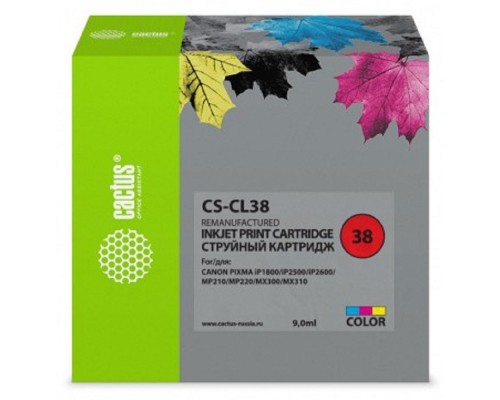 [расходные материалы] Cactus CL-38 Картридж для Canon Pixma iP1800/iP1900/iP2500/iP2600/MP140/MP190/MP210/MP220/MP470/MX300/MX310, голубой/пурпурный/желтый 