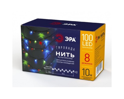 [Новогодние светоукрашения] ЭРА Б0041893 ENIN-10M Гирлянда LED Нить 10 м мультиколор 8 режимов, 220V, IP20 