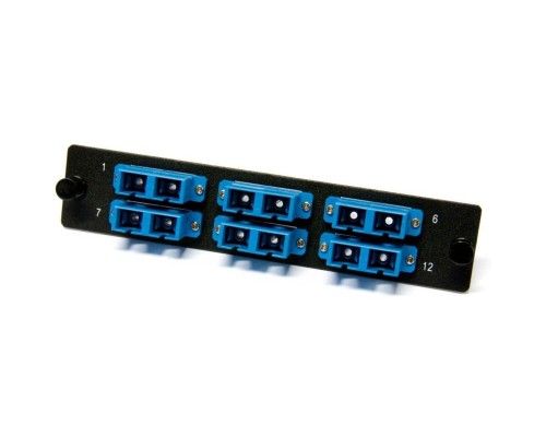[Монтажное оборудование] Hyperline FO-FPM-W120H32-12LC-BL Панель для FO-19BX с 12 LC адаптерами, 12 волокон, одномод OS1/OS2, 120x32 мм, адаптеры цвета синий (blue)