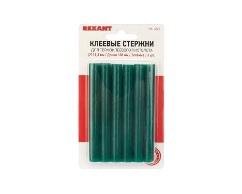 [Пистолеты] REXANT (09-1228) Клеевые стержни d=11,3 мм, L=100 мм, зеленые (упак. 6 шт.) 