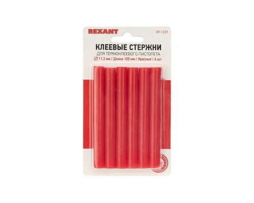 [Пистолеты] REXANT (09-1229) Клеевые стержни d=11,3 мм, L=100 мм, красные (упак. 6 шт.) 
