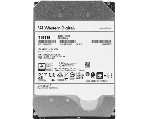 [Жесткий диск] 18Tb Western Digital Ultrastar DC HDD Server (3.5in 26.1MM 18000GB 512MB 7200RPM SAS ULTRA 512E SE P3 DC HC550), SKU: 0F38353