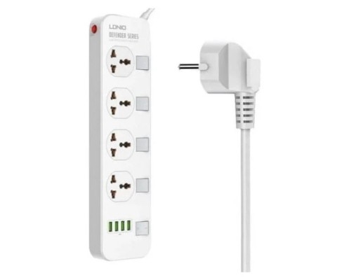 [Сетевые фильтры] Perfeo LD_B4610  LDNIO SC4408/ Сетевой фильтр 2м/ 4  розетки EU_UK_US/ 2500W/ 4 USB/  Выключатели на розетки/ White