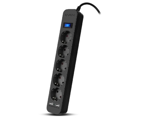[Сетевые фильтры] SVEN Фильтр SF-05LU 1,8 м (5 евро розеток,2*USB(2.4А)), черный, цветная коробка [SV-018832]