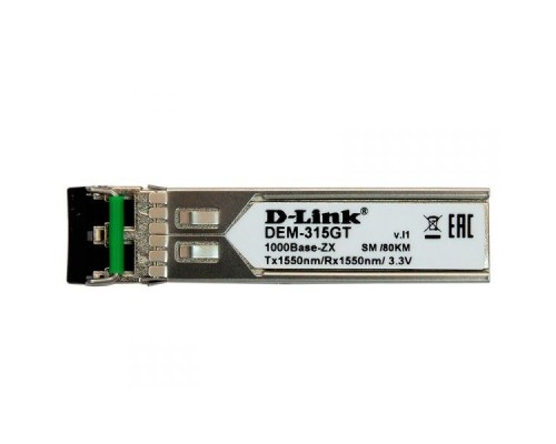 [Сетевое оборудование] D-Link 315GT/A1A SFP-трансивер с 1 портом 1000Base-ZX для одномодового оптического кабеля (до 80 км, разъем Duplex LC)