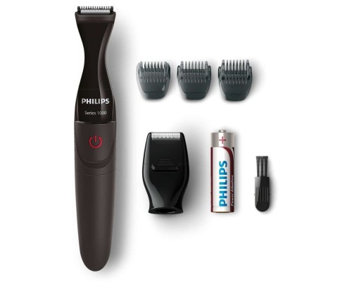 [Электробритва] PHILIPS MG1100/16  Компактный триммер для бороды, работа от батареек,3 гребня (1-3-5мм), насадка-бритва, черный.