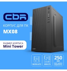 CBR Корпус mATX Minitower MX08, без БП, 2*USB 2.0, HD Audio+Mic, Black [PCC-MATX-MX08-WPSU]