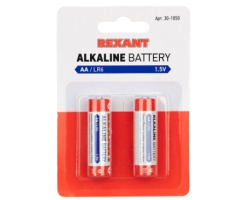 [Батарейка] Rexant (30-1050) Батарейка алкалиновая AA/LR6, 1,5В, 2 шт, блистер