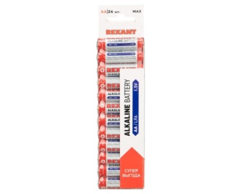 [Батарейка] Rexant (30-102) Батарейка алкалиновая AA/LR6, 1,5В, 24 шт, блистер