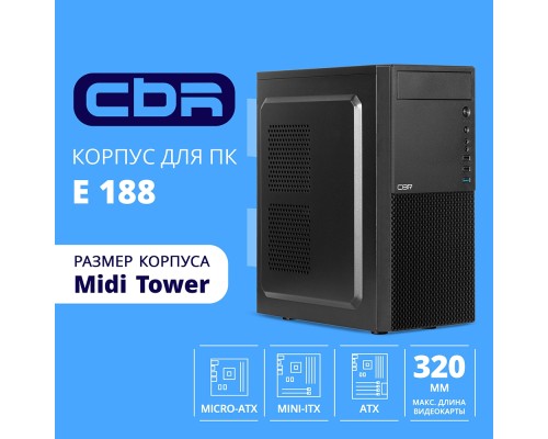 [Корпус] CBR Корпус ATX Miditower E188, без БП, 1*USB 3.0, 2*USB 2.0, HD Audio+Mic, Black [PCC-ATX-E188-USB31-USB22-WPSU]