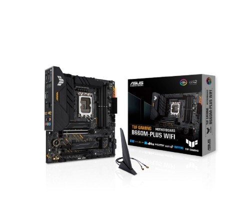 [Материнская плата] ASUS TUF GAMING B660M-PLUS WIFI (Socket 1700, mATX, 4xDDR5(128GB), DP/HDMI, 1xPCIe 5.0x16/1xPCIe 3.0x16/1xPCIe 4.0, 1xLAN (2.5GbE), 4xSATA 6Gb/s, 2xM.2, 1xType-C, 5xUSB 3.2, 2xUSB 2.0)