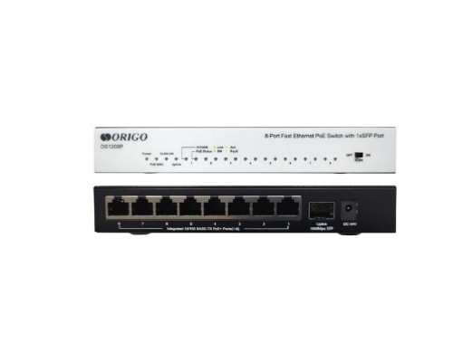 [Сетевое оборудование] ORIGO OS1209P/A1A Неуправляемый PoE-коммутатор 8x100Base-TX PoE+, 1x1000Base-X SFP, PoE-бюджет 80 Вт, корпус металл