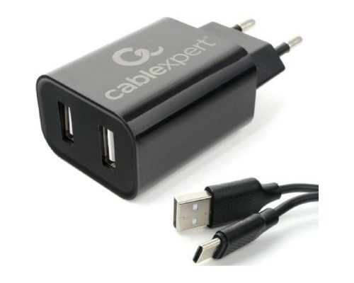 [Аксессуар] Cablexpert Адаптер питания USB 2 порта, 2.4A, черный + кабель 1м Type-C (MP3A-PC-37)