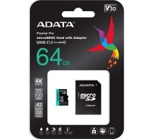 Micro SecureDigital 64GB A-Data AUSDX64GUI3V30SA2-RA1 Premier Pro + adapter  Class10 