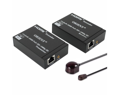 [переходник] ORIENT VE045IR, HDMI extender (Tx+Rx), активный удлинитель до 60 м по витой паре Cat5e/6, HDMI 1.4а, 1080p@60Hz/3D, HDCP, доп. вых. HDMI, передача ИК сиг. упр.( IR-TX/Rx в компл), БП 5В/1А (31323) 