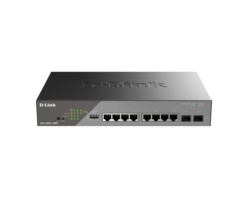 [Сетевое оборудование] D-Link DSS-200G-10MP/A1A Настраиваемый L2 коммутатор с 8 портами 10/100/1000Base-T и 2 портами 1000Base-X SFP (8 портов PoE 802.3af/at, PoE-бюджет 130 Вт, дальность до 250 м)  