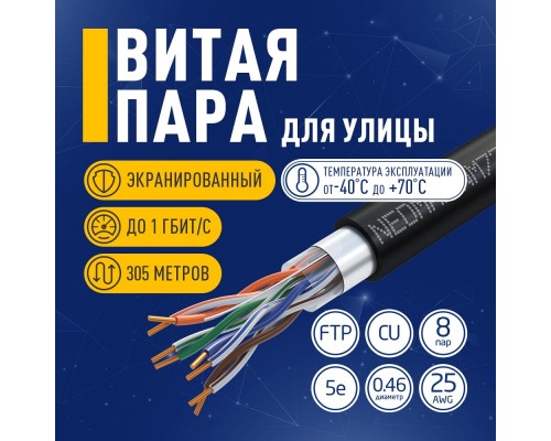 [ Витая пара] Кабель NEOMAX [NM721032-P] F/UTP cat.5e 4x2x0.46, 25 AWG, медь, внешний, PE, 305м, черный;  Fluke Tested