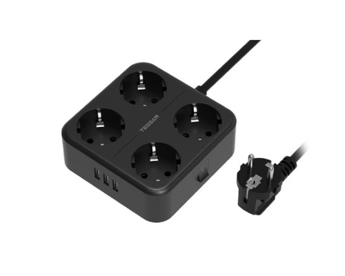 [Тессан сетевые фильтры] TESSAN TS-302 Black Сетевой фильтр с 4 розетками 220В и 3 USB портами и кнопкой питания {80001827}