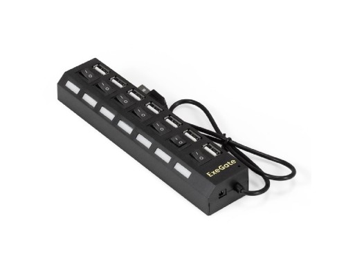 [USB-концентраторы] Exegate EX293978RUS USB-Хаб (концентратор) ExeGate DUB-72SW (кабель-адаптер USB2.0 --> 7xUSB2.0, кнопки включения/отключения для каждого порта, Plug&Play, черный)