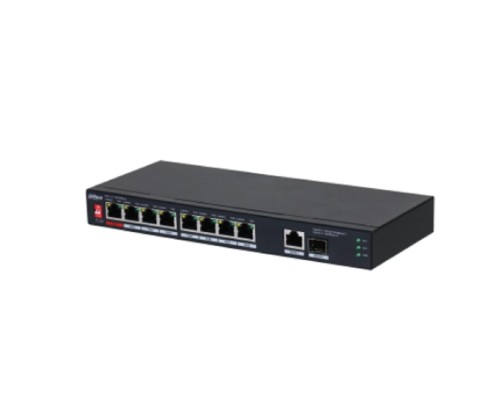 [Коммутаторы] DAHUA DH-PFS3110-8ET1GT1GF-96 10-портовый неуправляемый коммутатор с PoE, 8xRJ45 10/100Mb PoE, 1xRJ45 1Gb uplink, 1xSFP 1Gb uplink, суммарно 96Вт, коммутация 5.6 Гбит/с, MAC-таблица 8К, металл