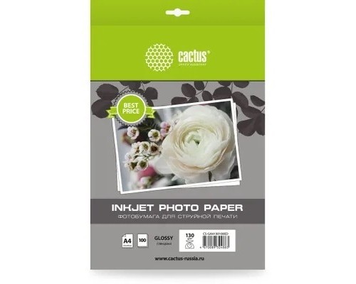 [Бумага] Фотобумага Cactus CS-GA4130100ED, A4, для струйной печати, 100л, 130г/м2, белый, покрытие глянцевое