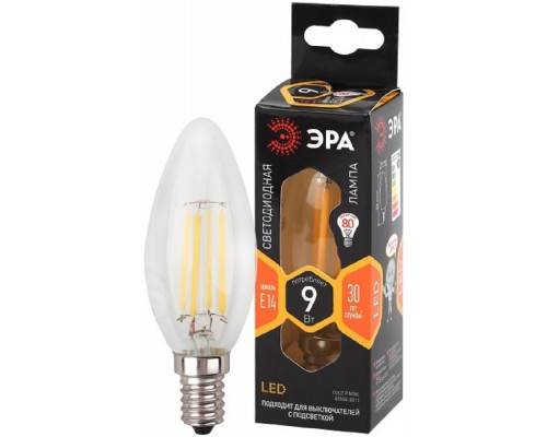 [ЭРА Светодиодные лампы] ЭРА Б0046991 Лампочка светодиодная F-LED B35-9w-827-E14 Е14 / Е14 9Вт филамент свеча теплый белый свет