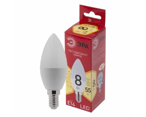 [ЭРА Светодиодные лампы] Эра Б0050694 Лампочка светодиодная RED LINE LED B35-8W-827-E14 R Е14 / E14 8 Вт свеча теплый белый свет 