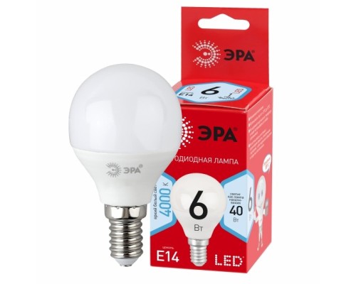 [ЭРА Светодиодные лампы] ЭРА Б0052443 Лампочка светодиодная RED LINE LED P45-6W-840-E14 R E14 / Е14 6Вт шар нейтральный белый свет 
