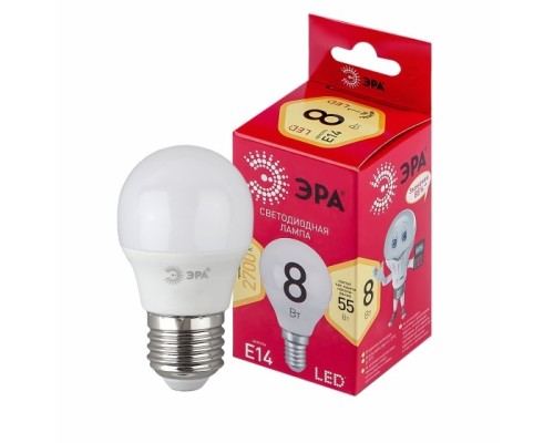 [ЭРА Светодиодные лампы] ЭРА Б0050697 Лампочка светодиодная RED LINE LED P45-8W-827-E14 R Е14 / E14 8 Вт шар теплый белый свет 